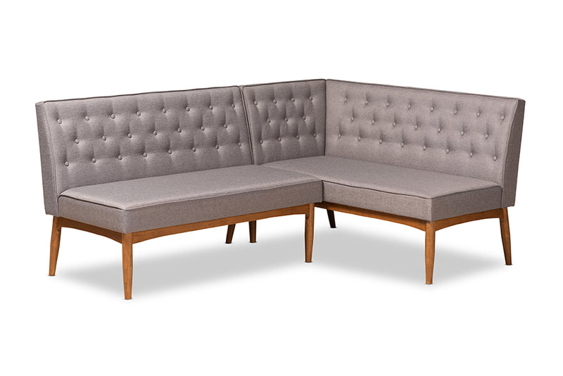 Mario Mid-Century Modern Gray Fabric Upholstered and Walnut Brown Finished Wood 2-Piece Dining Nook Banquette Set