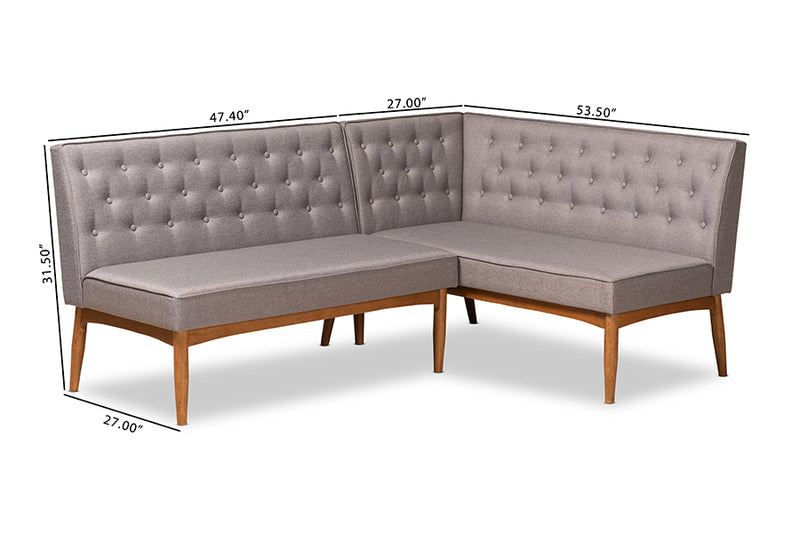 Mario Mid-Century Modern Gray Fabric Upholstered and Walnut Brown Finished Wood 2-Piece Dining Nook Banquette Set