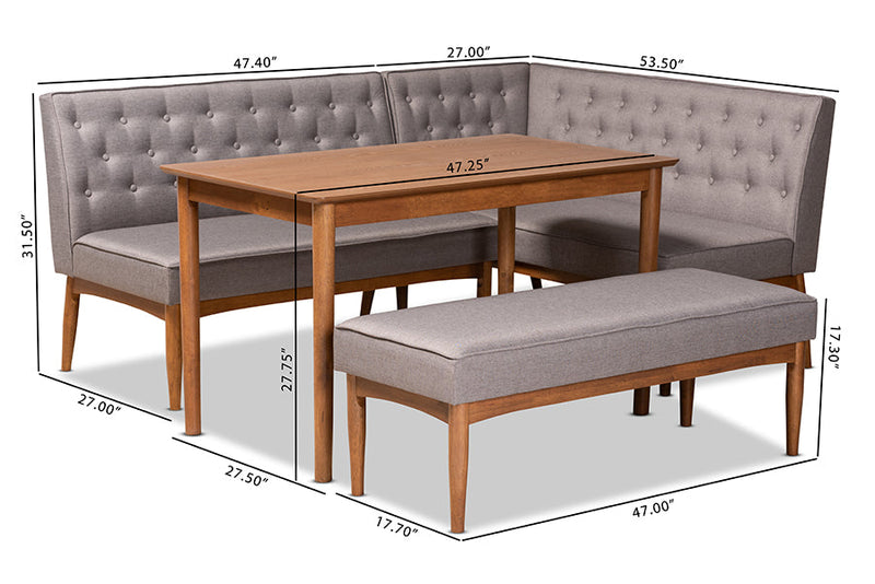 Mario Gray Fabric Upholstered and Walnut Brown 4Pc Dining Nook Set Baxton