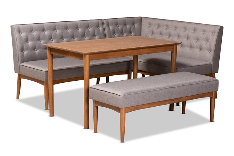 Mario Mid-Century Modern Gray Fabric Upholstered and Walnut Brown Finished Wood 4-Piece Dining Nook Set