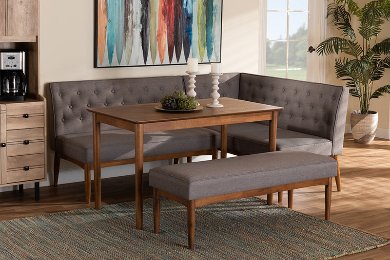 Mario Mid-Century Modern Gray Fabric Upholstered and Walnut Brown Finished Wood 4-Piece Dining Nook Set