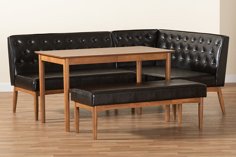 Mario Dark Brown Faux Leather Upholstered and Walnut Brown 4Pc Dining Nook Set Baxton