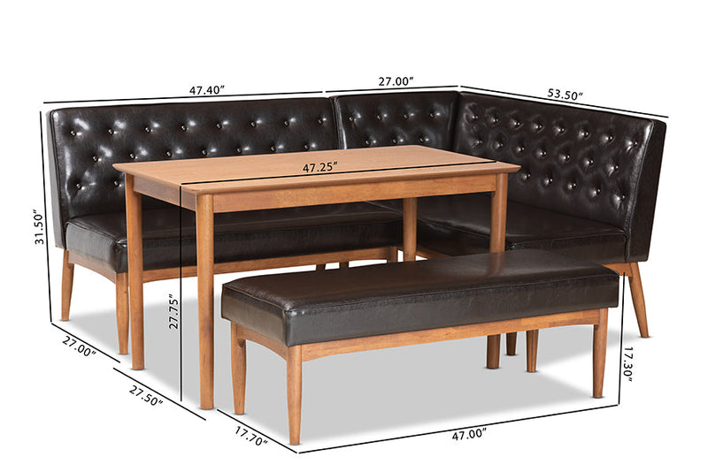 Mario Dark Brown Faux Leather Upholstered and Walnut Brown 4Pc Dining Nook Set Baxton