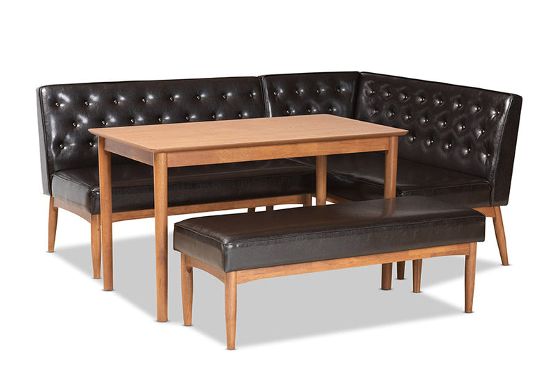 Mario Dark Brown Faux Leather Upholstered and Walnut Brown 4Pc Dining Nook Set Baxton