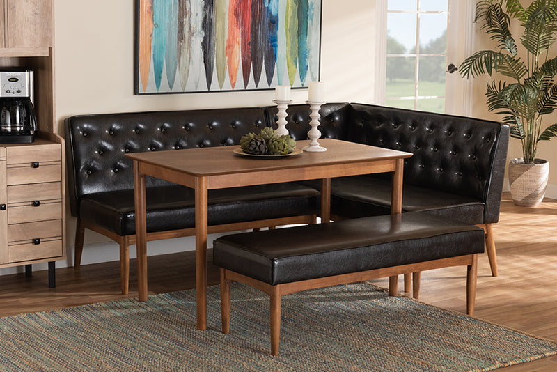 Mario Mid-Century Modern Dark Brown Faux Leather Upholstered and Walnut Brown Finished Wood 4-Piece Dining Nook Set