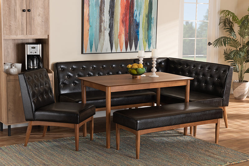 Mario Mid-Century Modern Dark Brown Faux Leather Upholstered and Walnut Brown Finished Wood 5-Piece Dining Nook Set