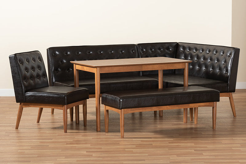 Mario Dark Brown Faux Leather Walnut Brown 5-Piece Dining Nook Set Baxton