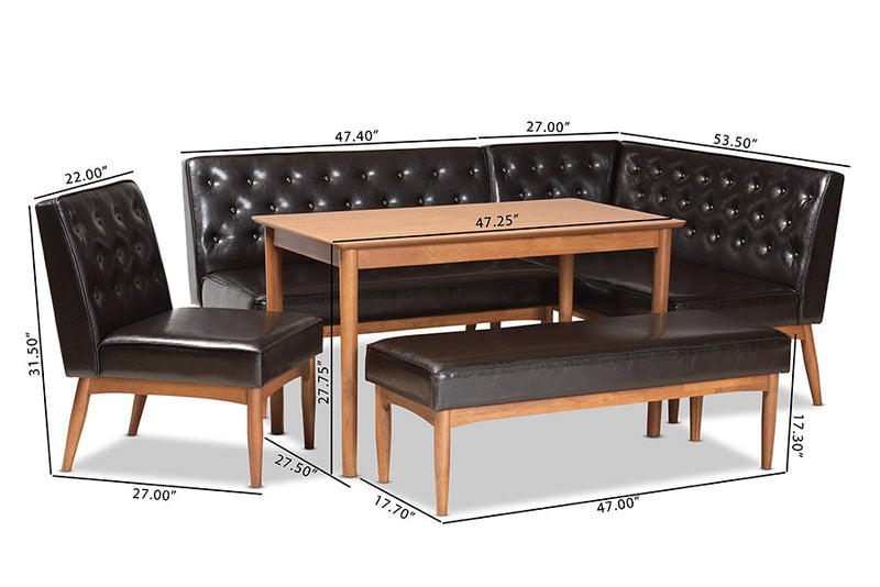Mario Dark Brown Faux Leather Walnut Brown 5-Piece Dining Nook Set Baxton