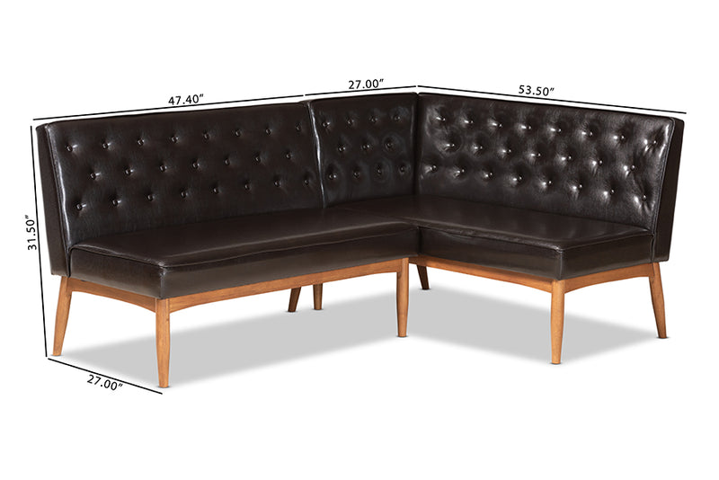 Mario Mid-Century Modern Dark Brown Faux Leather Upholstered and Walnut Brown Finished Wood 2-Piece Dining Nook Banquette Set