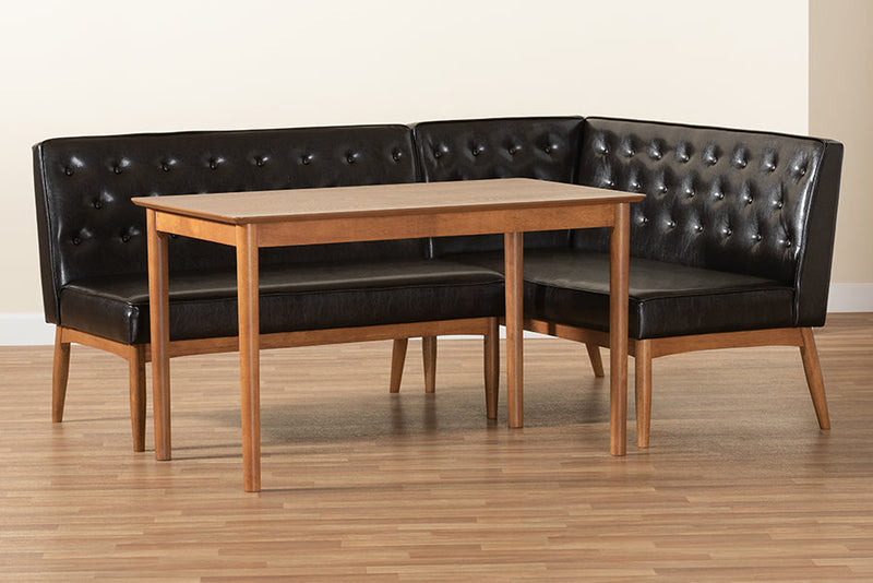 Mario Dark Brown Faux Leather Walnut Brown 3-Piece Dining Nook Set Baxton