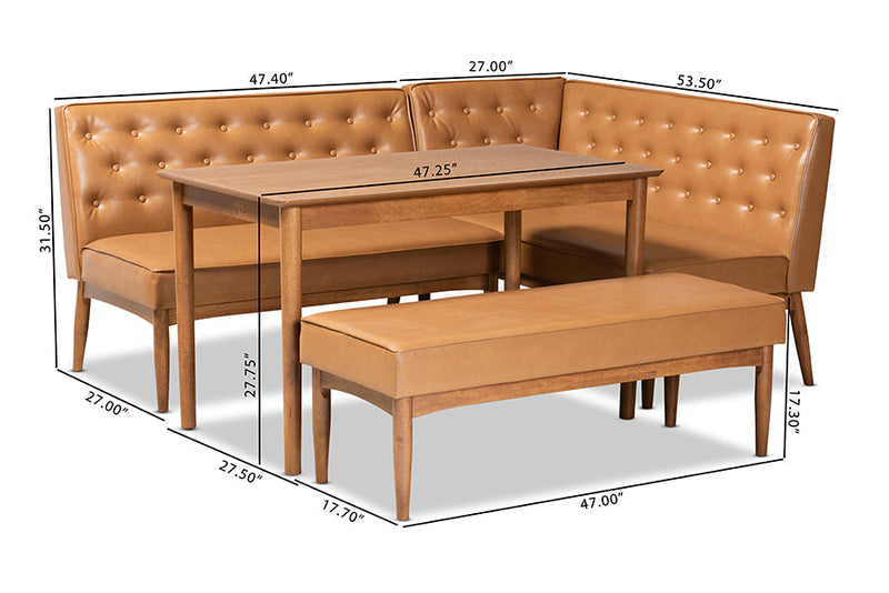 Mario Tan Faux Leather Upholstered and Walnut Brown 4Pc Dining Nook Set Baxton