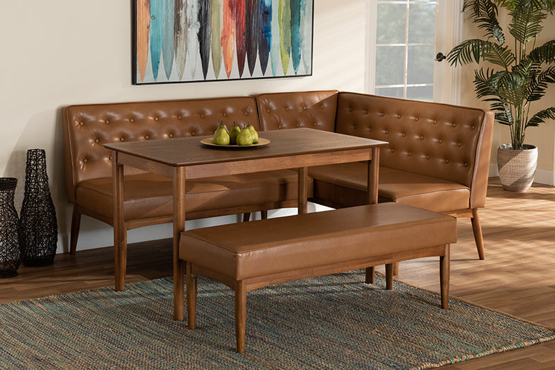 Mario Mid-Century Modern Tan Faux Leather Upholstered and Walnut Brown Finished Wood 4-Piece Dining Nook Set