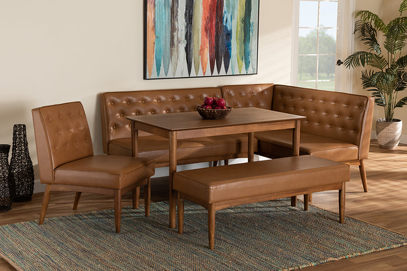 Mario Mid-Century Modern Tan Faux Leather Upholstered and Walnut Brown Finished Wood 5-Piece Dining Nook Set