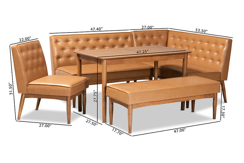 Mario Tan Faux Leather Upholstered and Walnut Brown 5-Piece Dining Nook Set Baxton