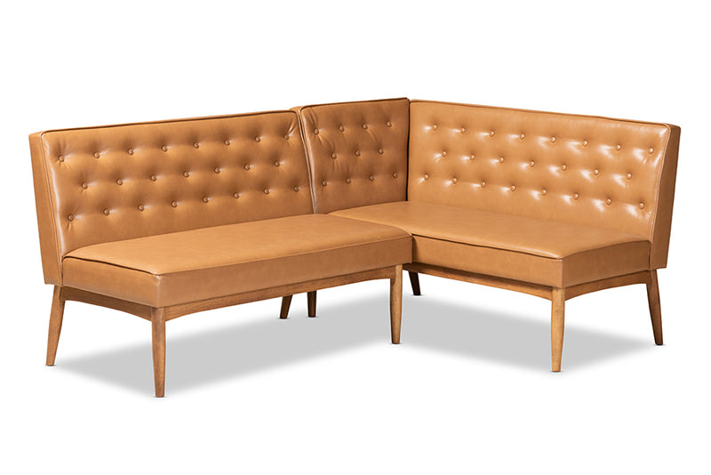 Mario Mid-Century Modern Tan Faux Leather Upholstered and Walnut Brown Finished Wood 2-Piece Dining Nook Banquette Set