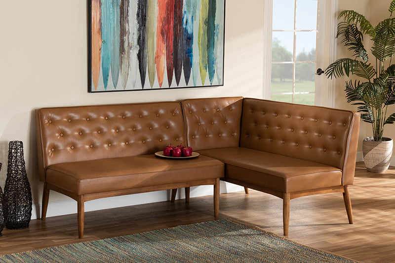 Mario Mid-Century Modern Tan Faux Leather Upholstered and Walnut Brown Finished Wood 2-Piece Dining Nook Banquette Set