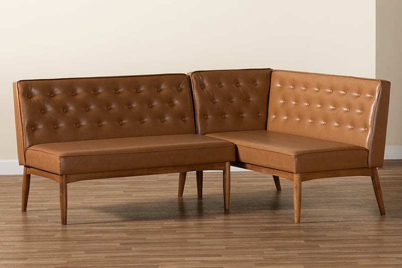 Mario Mid-Century Modern Tan Faux Leather Upholstered and Walnut Brown Finished Wood 2-Piece Dining Nook Banquette Set