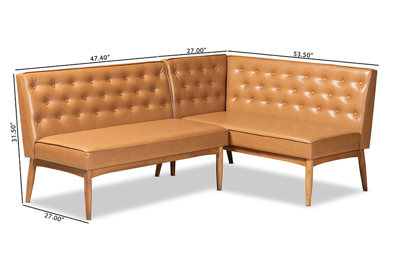 Mario Mid-Century Modern Tan Faux Leather Upholstered and Walnut Brown Finished Wood 2-Piece Dining Nook Banquette Set