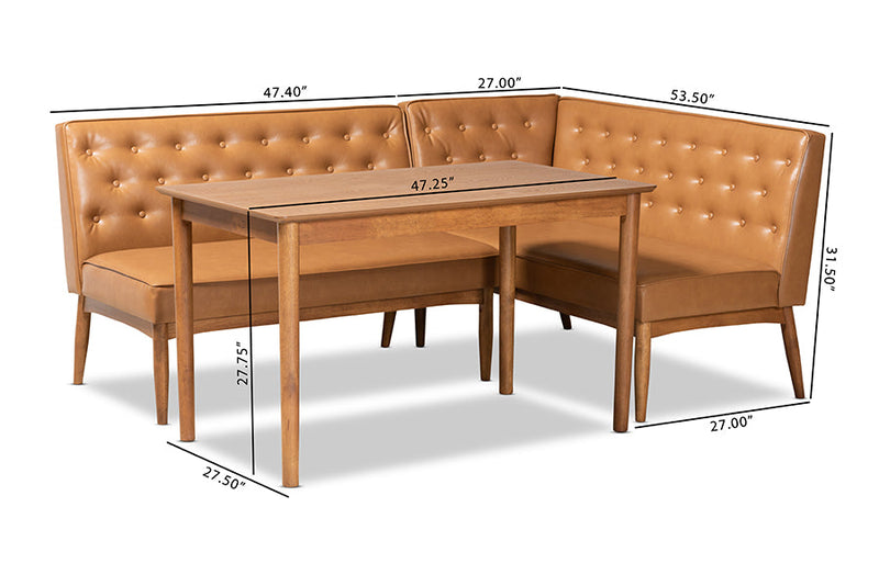 Mario Tan Faux Leather Upholstered and Walnut Brown 3-Piece Dining Nook Set Baxton