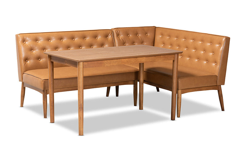 Mario Tan Faux Leather Upholstered and Walnut Brown 3-Piece Dining Nook Set Baxton
