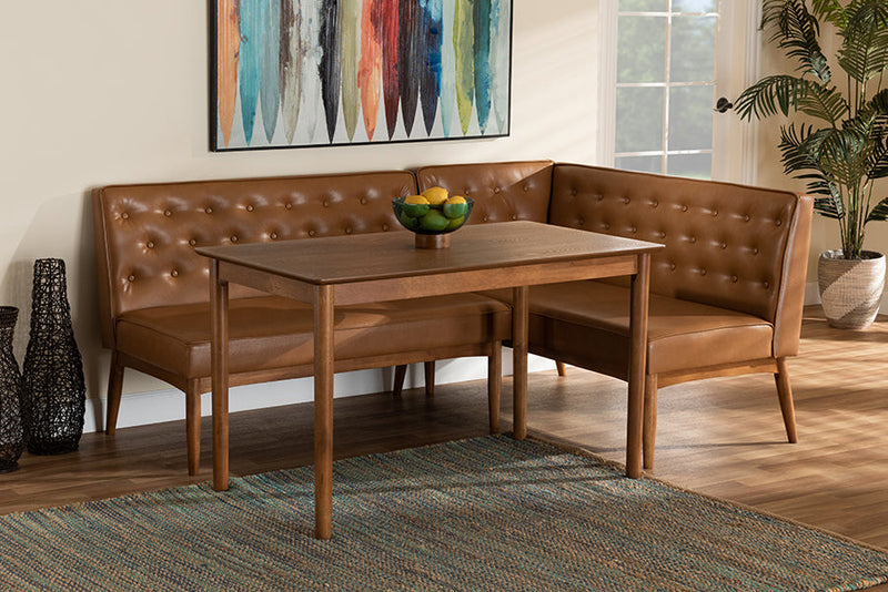 Mario Tan Faux Leather Upholstered and Walnut Brown 3-Piece Dining Nook Set Baxton