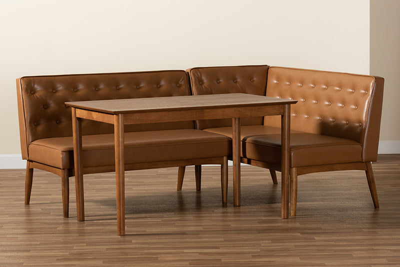 Mario Tan Faux Leather Upholstered and Walnut Brown 3-Piece Dining Nook Set Baxton