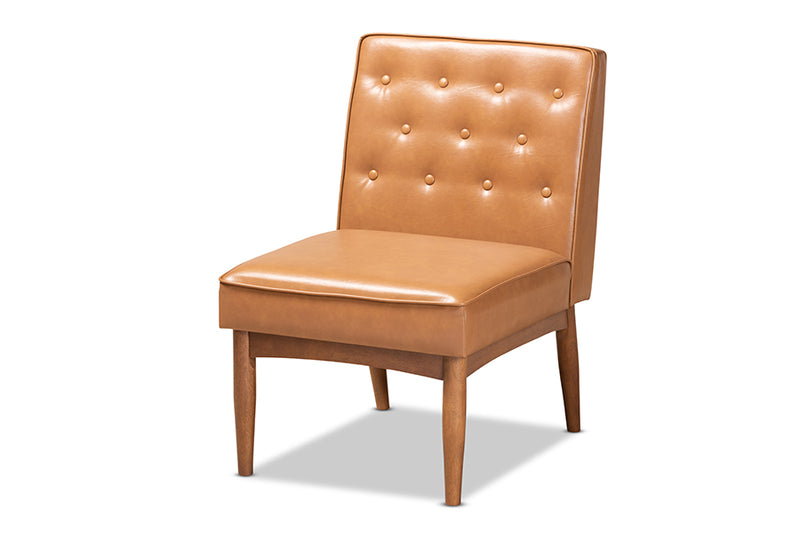 Mario Mid-Century Modern Tan Faux Leather Upholstered and Walnut Brown Finished Wood Dining Chair