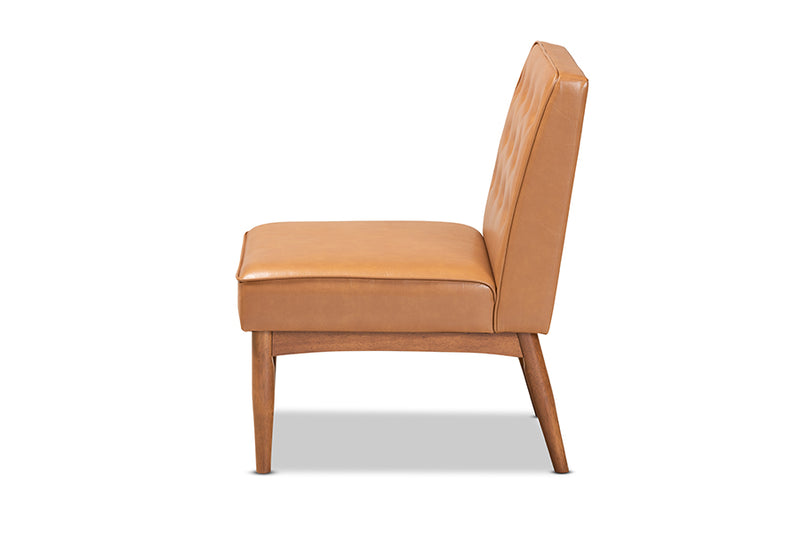 Mario Mid-Century Modern Tan Faux Leather Upholstered and Walnut Brown Finished Wood Dining Chair