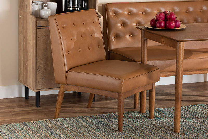 Mario Mid-Century Modern Tan Faux Leather Upholstered and Walnut Brown Finished Wood Dining Chair