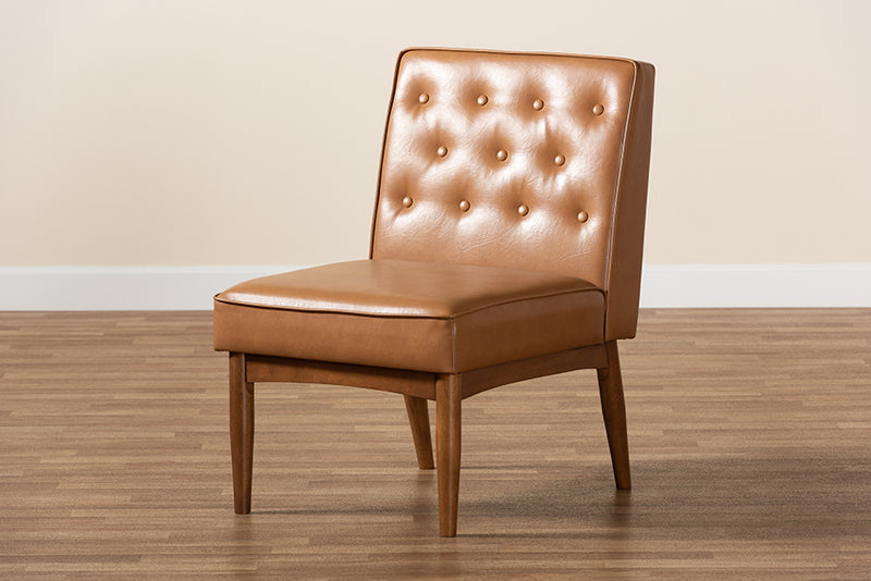 Mario Mid-Century Modern Tan Faux Leather Upholstered and Walnut Brown Finished Wood Dining Chair