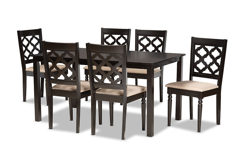 Edith Modern and Contemporary Sand Fabric Upholstered and Dark Brown Finished Wood 7-Piece Dining Set