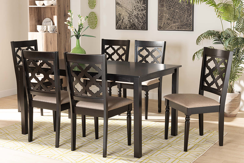 Edith Modern and Contemporary Sand Fabric Upholstered and Dark Brown Finished Wood 7-Piece Dining Set