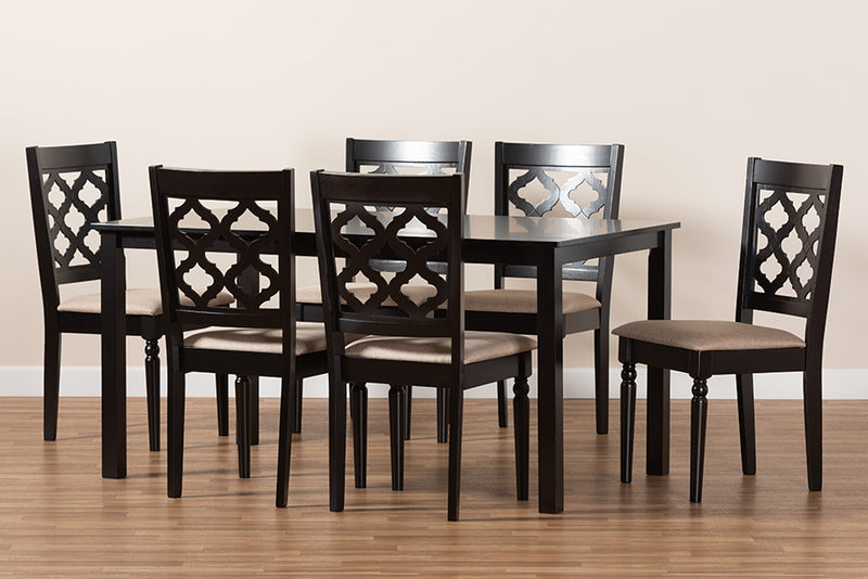 Edith Modern and Contemporary Sand Fabric Upholstered and Dark Brown Finished Wood 7-Piece Dining Set