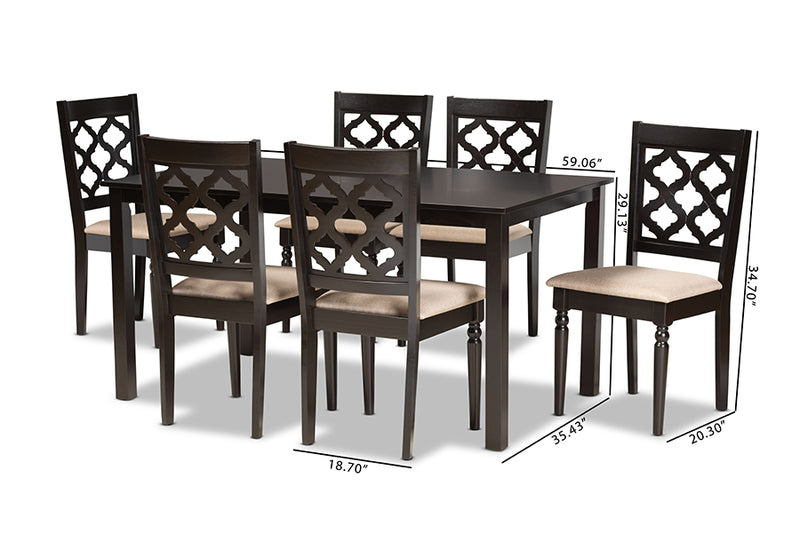 Edith Modern and Contemporary Sand Fabric Upholstered and Dark Brown Finished Wood 7-Piece Dining Set