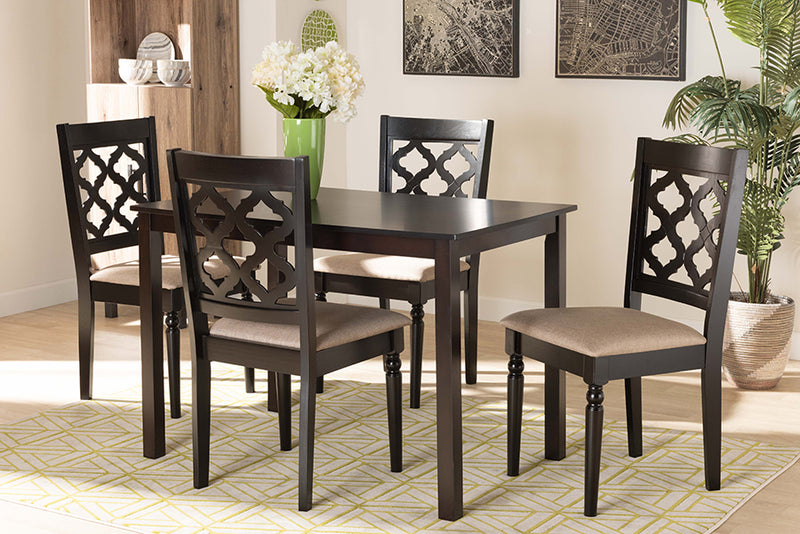 Edith Modern and Contemporary Sand Fabric Upholstered and Dark Brown Finished Wood 5-Piece Dining Set