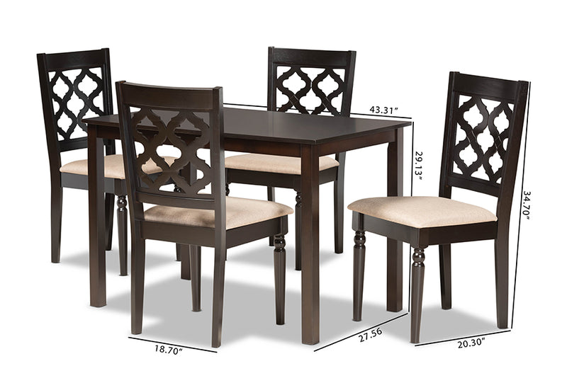 Edith Modern and Contemporary Sand Fabric Upholstered and Dark Brown Finished Wood 5-Piece Dining Set