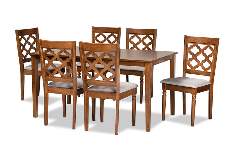 Edith Modern and Contemporary Gray Fabric Upholstered and Walnut Brown Finished Wood 7-Piece Dining Set