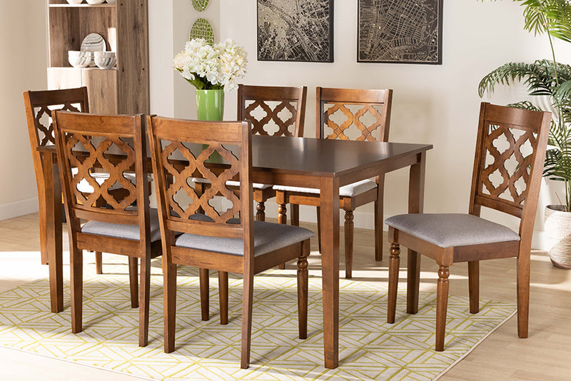 Edith Modern and Contemporary Gray Fabric Upholstered and Walnut Brown Finished Wood 7-Piece Dining Set