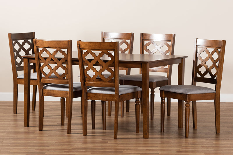 Edith Modern and Contemporary Gray Fabric Upholstered and Walnut Brown Finished Wood 7-Piece Dining Set