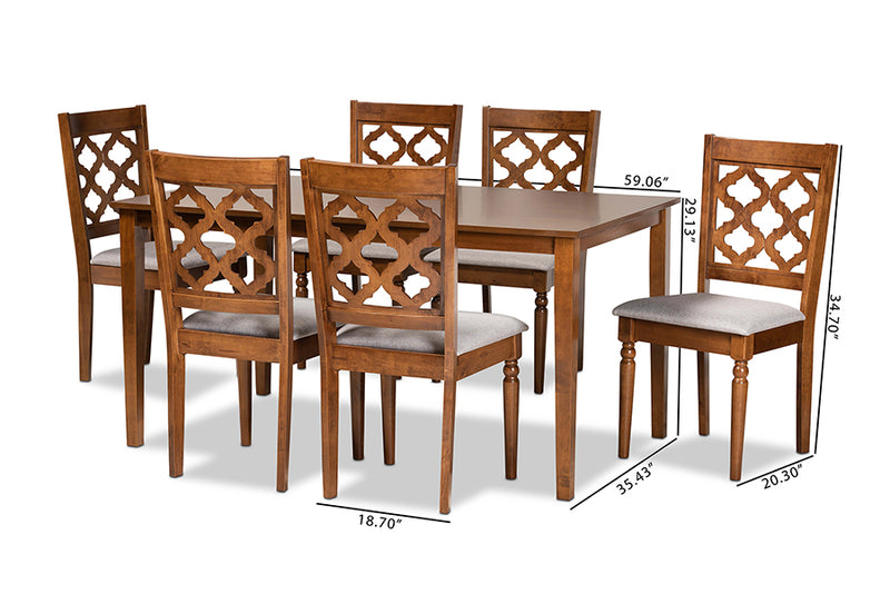 Edith Modern and Contemporary Gray Fabric Upholstered and Walnut Brown Finished Wood 7-Piece Dining Set