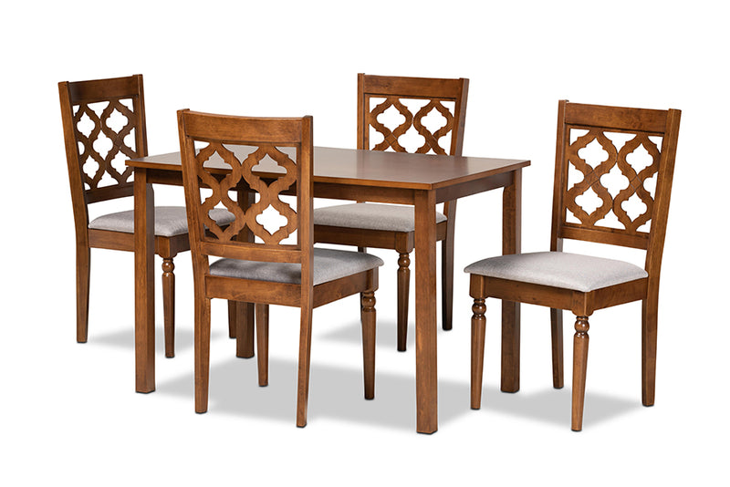 Edith Modern and Contemporary Gray Fabric Upholstered and Walnut Brown Finished Wood 5-Piece Dining Set