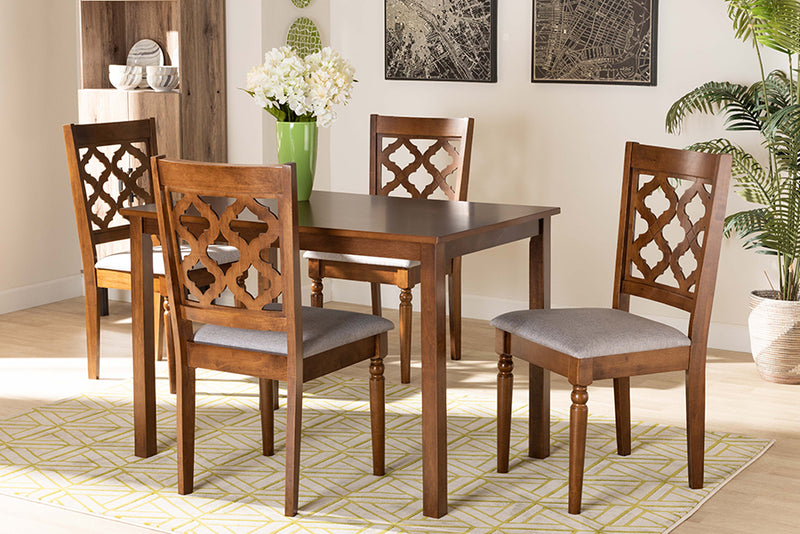 Edith Modern and Contemporary Gray Fabric Upholstered and Walnut Brown Finished Wood 5-Piece Dining Set