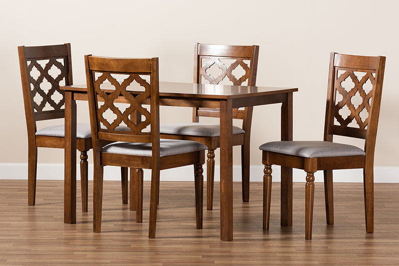 Edith Modern and Contemporary Gray Fabric Upholstered and Walnut Brown Finished Wood 5-Piece Dining Set