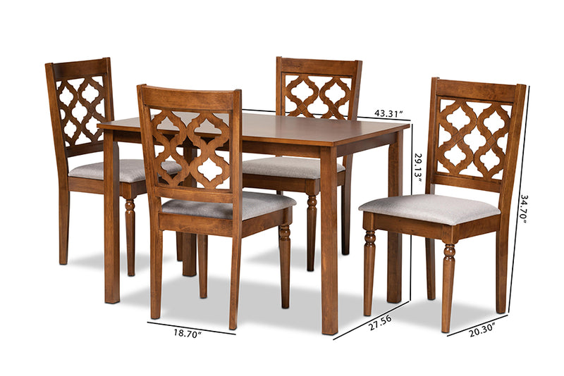 Edith Modern and Contemporary Gray Fabric Upholstered and Walnut Brown Finished Wood 5-Piece Dining Set