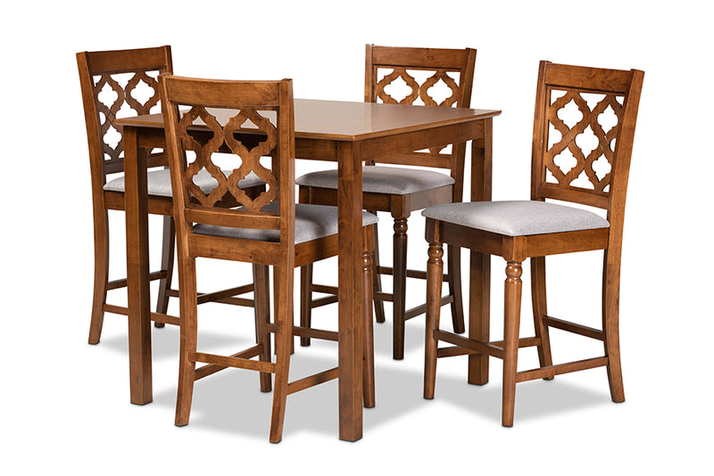 Edith Modern and Contemporary Gray Fabric Upholstered and Walnut Brown Finished Wood 5-Piece Pub Set