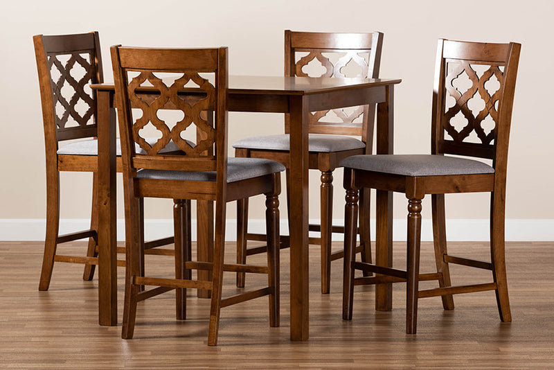 Edith Gray Fabric Upholstered and Walnut Brown 5-Piece Pub Set Baxton