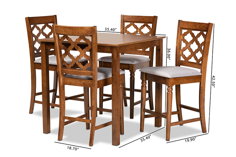 Edith Modern and Contemporary Gray Fabric Upholstered and Walnut Brown Finished Wood 5-Piece Pub Set