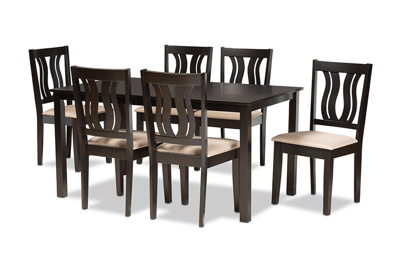 Roald Modern and Contemporary Sand Fabric Upholstered and Dark Brown Finished Wood 7-Piece Dining Set