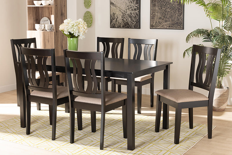 Roald Modern and Contemporary Sand Fabric Upholstered and Dark Brown Finished Wood 7-Piece Dining Set