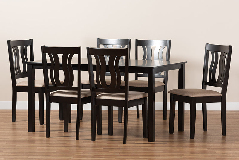 Roald Modern and Contemporary Sand Fabric Upholstered and Dark Brown Finished Wood 7-Piece Dining Set